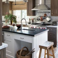 Neutral Transitional Kitchen With Pot Rack