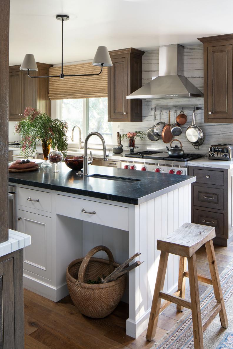 Transitional Kitchen With Pot Rack
