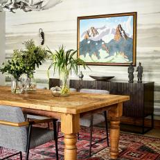 Rustic Contemporary Dining Room With Red Rug