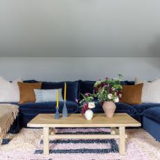 Family Room With Blue Velvet Sectional