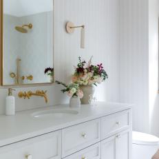 Neutral Transitional Bathroom With Striped Wallpaper