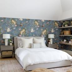 Transitional Neutral Bedroom With Deer Wallpaper