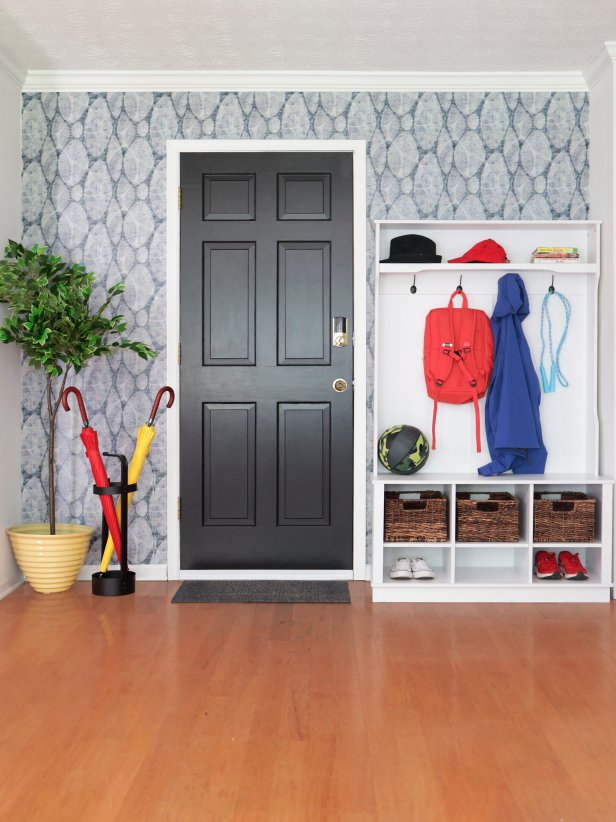 Organized Foyer With Wallpaper