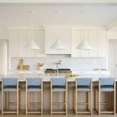 White Kitchen With Blue Gray Stools