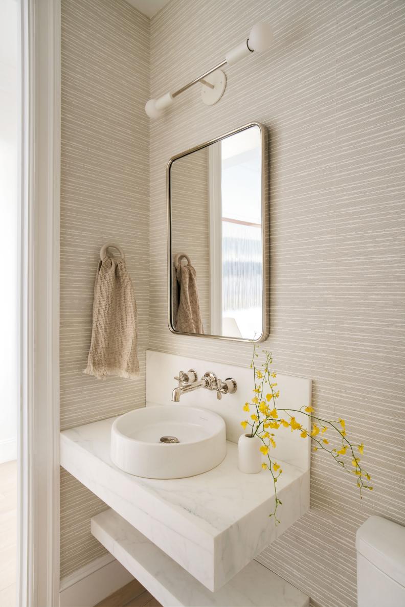 Tan Powder Room With Yellow Flowers