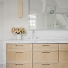 White Transitional Bathroom With Peach Flowers