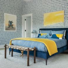 Blue Transitional Bedroom With Yellow Art