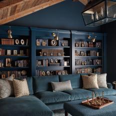 Blue Transitional Library With Built-In Bookcases