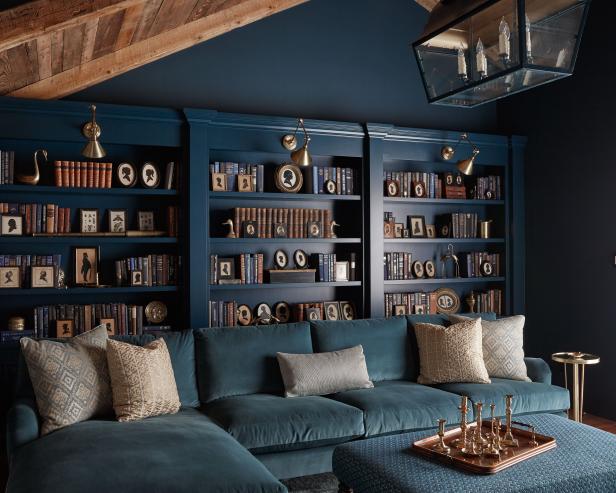 Sectional Sofa and Ottoman in Blue Library With Built-In Bookcases