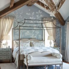 Gray French-Country Bedroom With Floral-Patterned Accent Wall