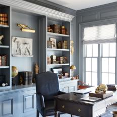 Gray Traditional Home Office With Built-In Bookshelves