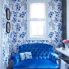 Blue-and-White Traditional Powder Room With Antique Loveseat