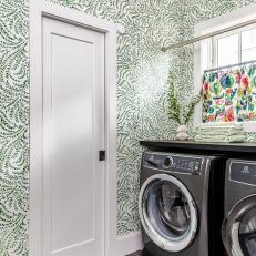 Transitional Laundry Room With White-and-Green Leaf-Patterned Wallpaper