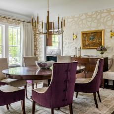 Transitional Neutral Dining Room With Squiggle-Patterned Wallpaper