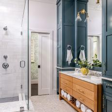 Neutral Contemporary Double-Vanity Bathroom With Glass Walk-In Shower