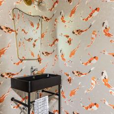 Transitional Powder Room With Koi-Patterned Wallpaper