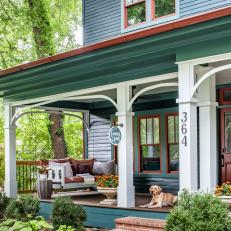 Blue Transitional House With Wide Front Porch