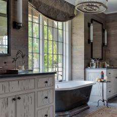 Neutral Transitional Bathroom With Distressed-Wood Vanities