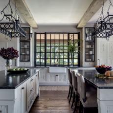Black-and-White Rustic Kitchen With Two Islands