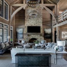 Transitional Two-Story Living Room With Exposed Ceiling Beams