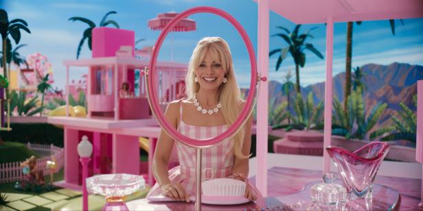 Smiling blonde woman looking through pink oval frame on stand. 