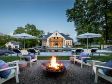 poolside fire pit in New Canaan