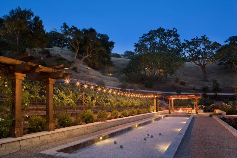Outdoor Bocce Ball Court with Twinkle Lights