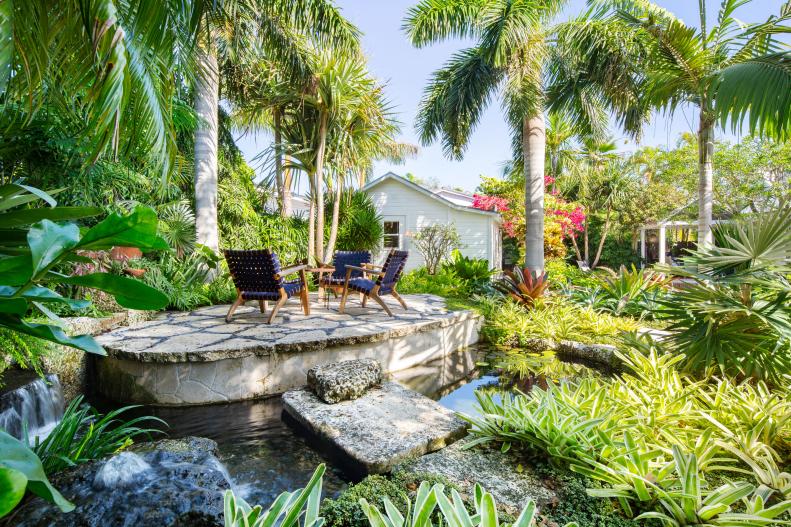 elevated patio on top of a koi pond