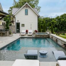 White Modern Farmhouse Backyard With Swimming Pool