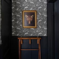 Guest Bedroom With Rabbit Patterned Wallpaper 