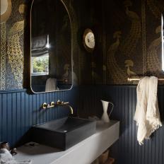 Eclectic Bathroom With Gold Wallpaper 
