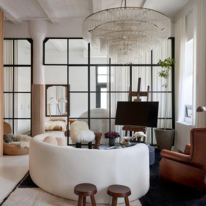 Oversized Glass Chandelier in White Transitional Living Room