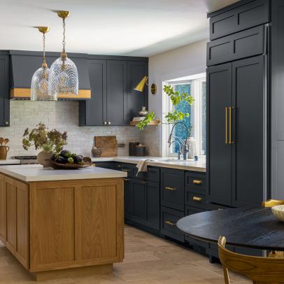 Blue Kitchen With Oversized Pendant Lights