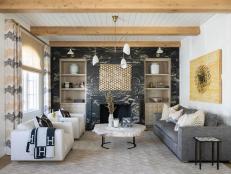 White Transitional Living Room With Natural-Wood Ceiling Beams