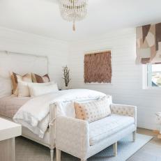 Kid’s White Transitional Bedroom With Chandelier