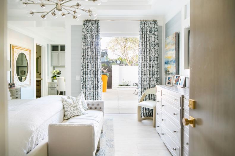 Upholstered Bench at Foot of Bed in White Contemporary Bedroom