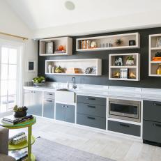 Contemporary Black-and-White Kitchenette With Open and Concealed Storage