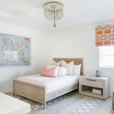 Textures and Colorful Patterns Add Interest to White Transitional Bedroom