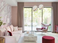 Pink Eclectic Living Room With Red Stool