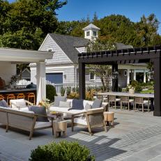 Neutral Transitional Patio Living and Dining Spaces
