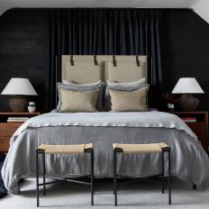 Neutral Transitional Bedroom With Black Accent Wall