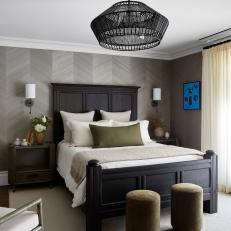 Black Wicker Light Fixture Brightens Gray Transitional Bedroom 