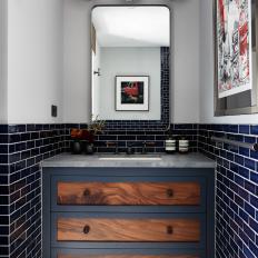 Custom Wood Vanity in Blue-and-White Transitional Bathroom