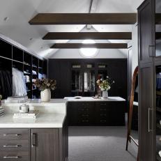 Exposed Ceiling Beams in White Contemporary Walk-In Closet