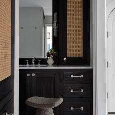 Upholstered Stool in White Contemporary Double-Vanity Bathroom
