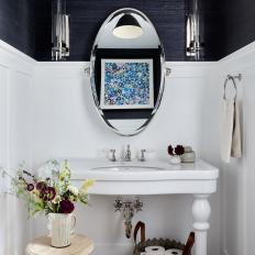 Black-and-White Traditional Powder Room With Console Sink