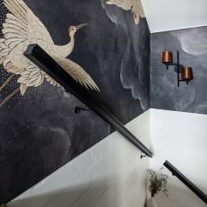 Bird Wallpaper and Shiplap Make for a Dramatic Transitional Staircase
