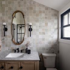 White Contemporary Bathroom With Square-Tiled Accent Wall