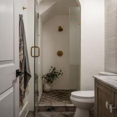 Neutral Transitional Bathroom With Scalloped-Tile Floor