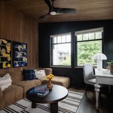 Beautiful Wood-Paneled Ceiling and Walls in Neutral Transitional Bonus Room